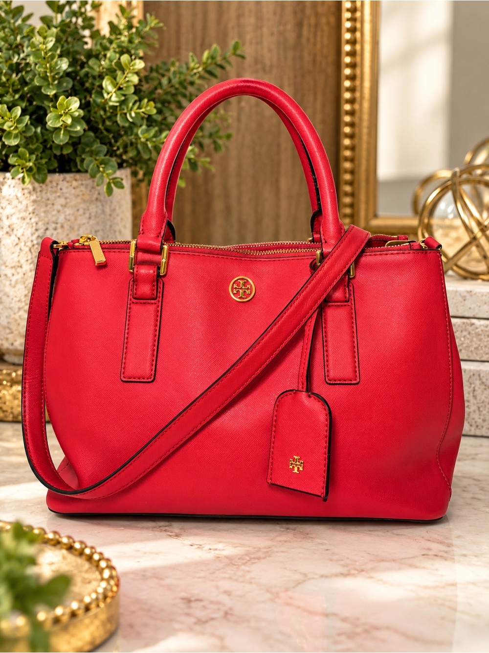 Tory Burch Vibrant Pink Robinson Leather Satchel with Crossbody Strap
